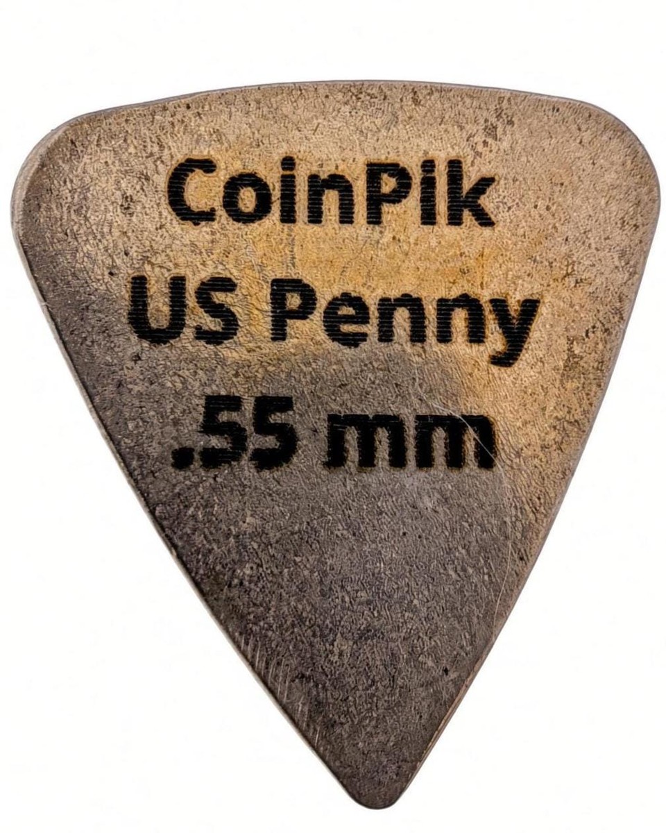 CoinPik guitar pick made from a real US penny, etched "CoinPik US Penny .55 mm", on white